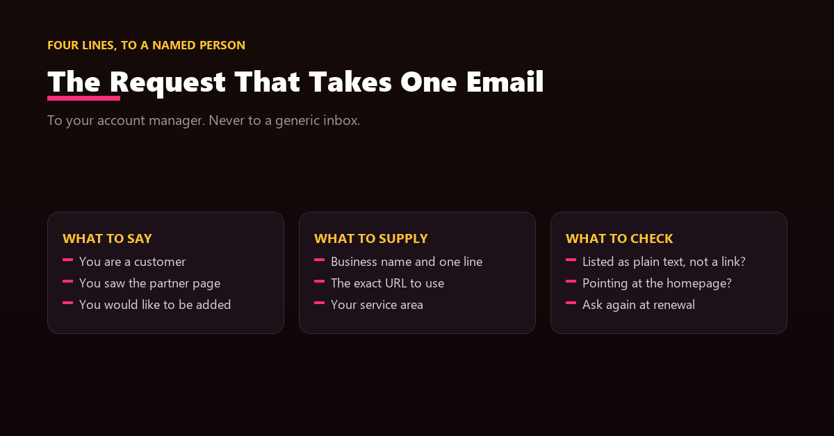 A short email to a supplier account manager asking to be added to the where-to-buy listing.
